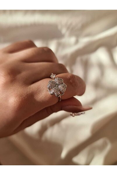 byliora Gümüş Stres Çarklı Dönen Yonca Figürlü Ayarlanabilir Çelik Yüzük