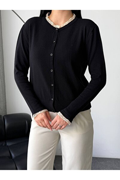 Lovely butik Lace Collar and Sleeve Detail Button Knitwear Cardigan & Blouse