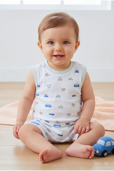 hendam طقم "رومبير" أطفال بدون أكمام بنقشة مركبات ملونة