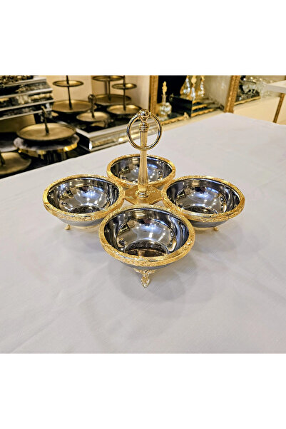 MaviDamla Classic Stand-Up Stainless Steel 4-Piece Snack Bowl with Gold Details