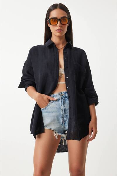 Massilayda Uzun Kollu Oversize Müslin Kumaş Gömlek