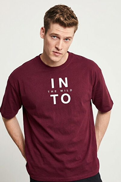 COMBİNE MİCHAİL Men's into the Wild Printed Loose Burgundy T-Shirt
