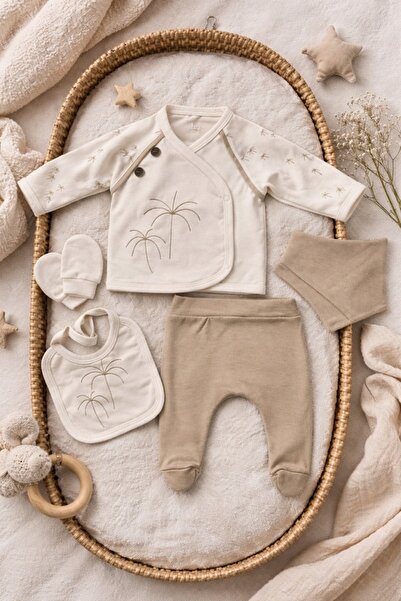 Pure Boutique Комплект за бебе момче от 5 части, бежови палми, блуза с пантал...