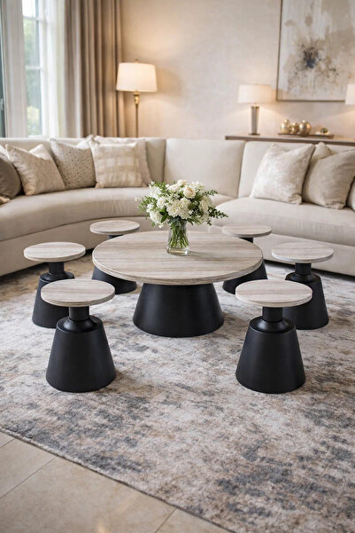 MARIA HOMES Stylish 7-Piece Round Coffee Table Set Wood Top Black Pedestal Ba...