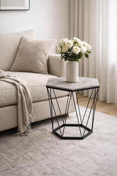 MARIA HOMES Stylish Hexagon Coffee Table White Ceramic Top Black Metal Geomet...
