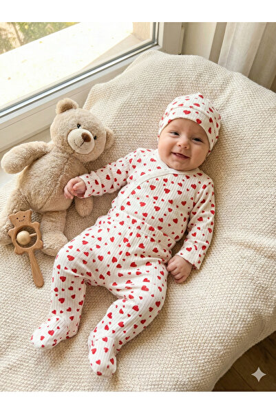 MYZİ STORE Ecru Red Heart Με σχέδιο Σετ Βρεφικής Ολόσωμης Φόρμας με Καπέλο, Μ...