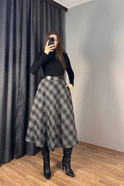Sorridi Plaid Patterned Belted Double Pocket Long Skirt