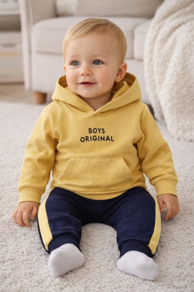 Superbaby Κίτρινο σκούρο μπλε παντελόνι φόρμας με κουκούλα και 2 κομμάτια για...