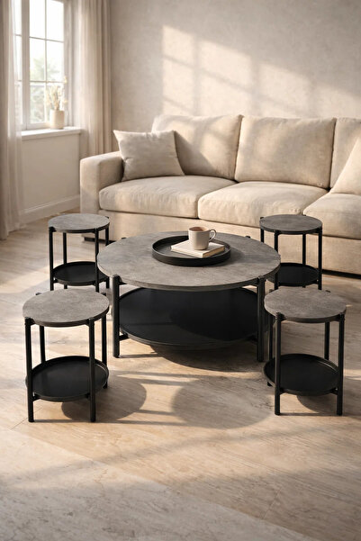 MARIA HOMES Stylish 5Piece Round Coffee Table Set Grey Stone Effect Top Black...