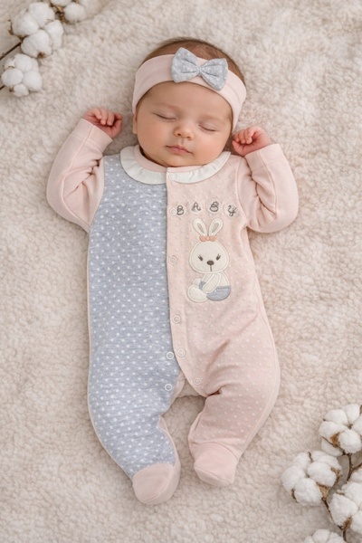 Superbaby Ροζ γκρι ολόσωμη φόρμα για μωρά κορίτσια με Βαμβάκι κορδέλα για τα ...