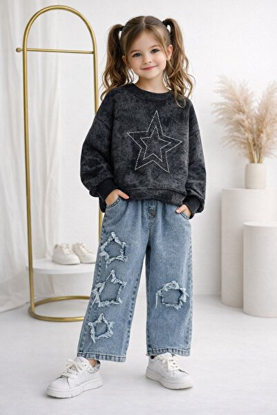 Universal Bayramlık Kız Çocuk Yıldız Taş Detaylı Sweatshirt ve Yırtık Kot Alt...