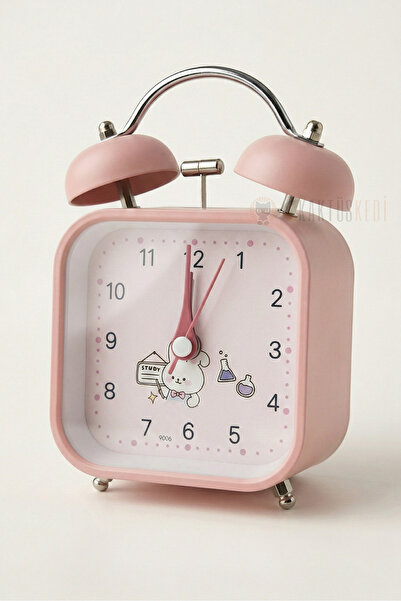 KaktüsKedi Sevimli Pembe Çanlı Metal Masa Saati - Sessiz Akar Saniyeli, Işıkl...