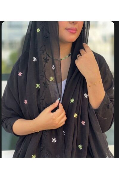 Veil Designer Black double-layered hijab with colorful embroidery across the ...