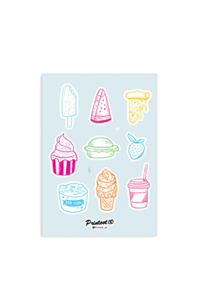 Printoot Neon Junk Food Sticker Sheet Featuring Pizza Icons and Colorful Snac...
