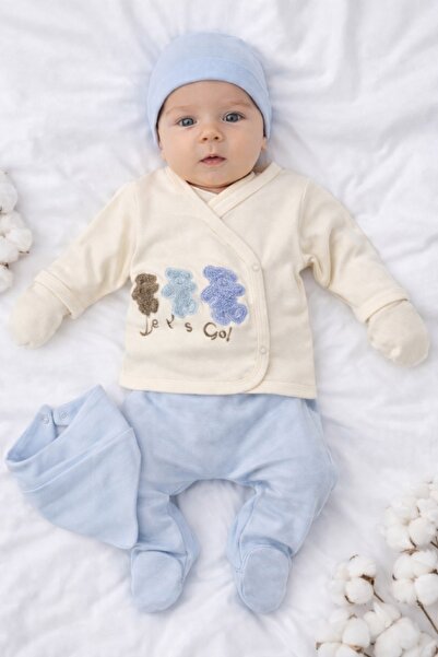 Pure Boutique Set bebe 5 piese bleu ivoire lets go bluza pantaloni caciula ba...