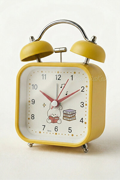 KaktüsKedi Sevimli Sarı Çanlı Metal Masa Saati - Sessiz Akar Saniyeli, Işıklı...