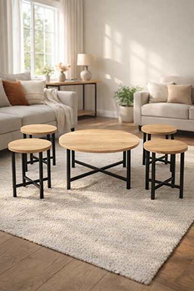MARIA HOMES Industrial Round Coffee Table Set 1+4 Wooden Top Metal Legs Nesti...