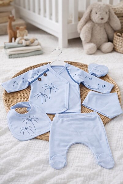 Pure Boutique Set bebe baieti 5 piese bleu palmieri bluza pantaloni baveta