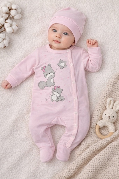 Superbaby Ροζ φόρμα για μωρά κορίτσια με σκουφάκι και Με αρκουδάκι σε 2 κομμάτια