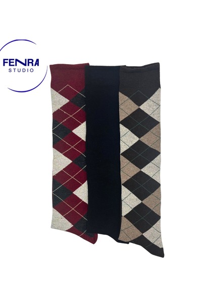 FENRA STUDIO 3-Piece Burgundy Brown Diamond Patterned and Plain Black Knee-Le...