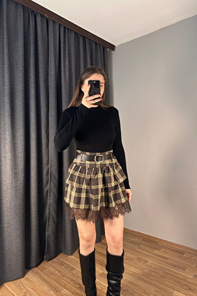 Sorridi Belted Plaid Patterned Short Skirt with Lace Detail