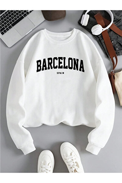 Tarzsokak بلوفر نسائي مطبوع عليه حروف برشلونة إسبانيا صوف الفليس سترة غير رسم...