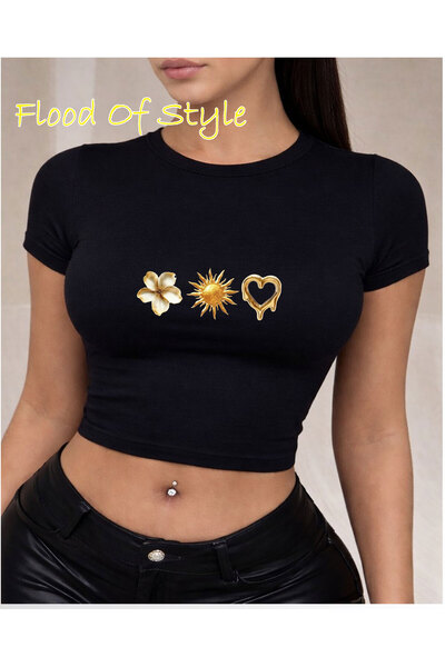 Flood Of Style Black Babby Tee floare inimă soare Design personalizat