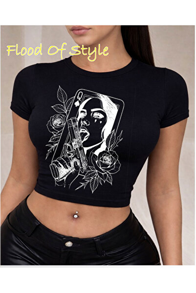 Flood Of Style Μαύρο Babby Tee γυναικείο μπλουζάκι με λουλούδια και δάκρυα Ει...