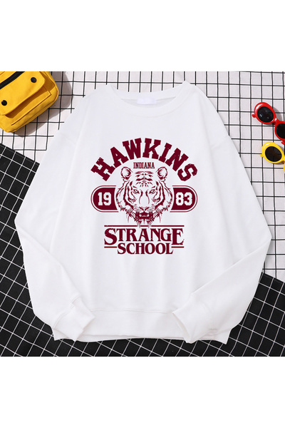 NOISSEY Pulover casual de stradă Hawkins High School Indiana 1983 Print cu gl...