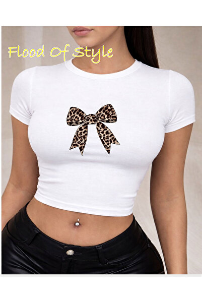 Flood Of Style Λευκό μπλουζάκι Babby με λεοπάρ κορδέλα Ειδικό σχέδιο