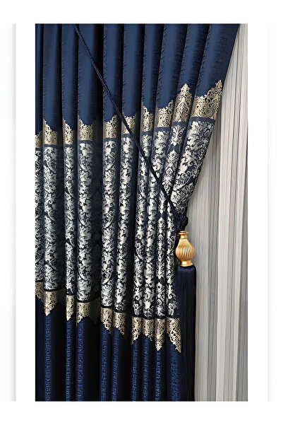 beatiful Pano Fon Perde Lacivert Gri Jakarlı Desen (Tek Kanat Sık Pile)