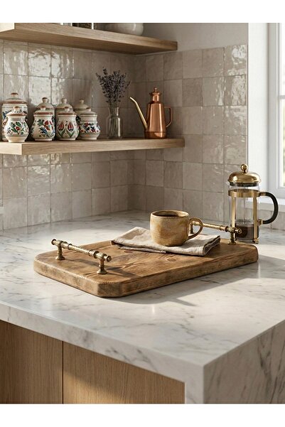 KyroStüdyo Messa Masif Ahşap Sunum Tepsisi - Antik Kulplu Sert ve Yuvarlak Kö...