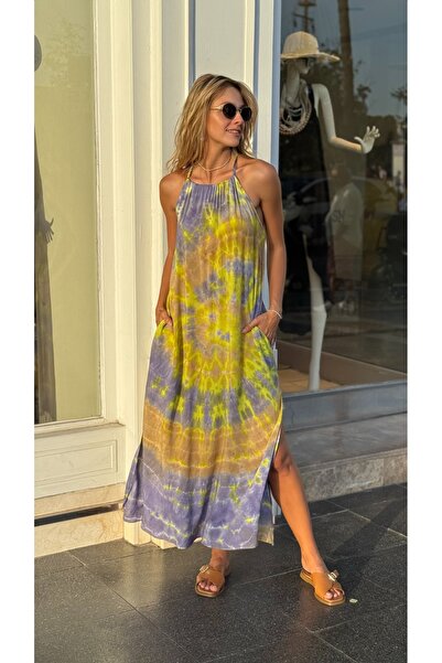 JANNA BUDAK BOUTİQUE Batik Desenli Halter Yaka Maxi Elbise