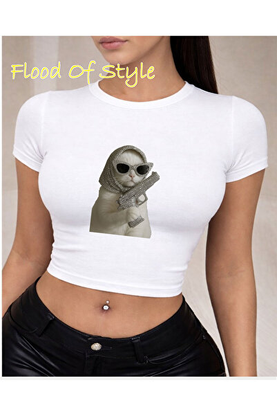 Flood Of Style Λευκό Babby Tee πέτρα Με σχέδιο γάτες Ειδικό σχέδιο