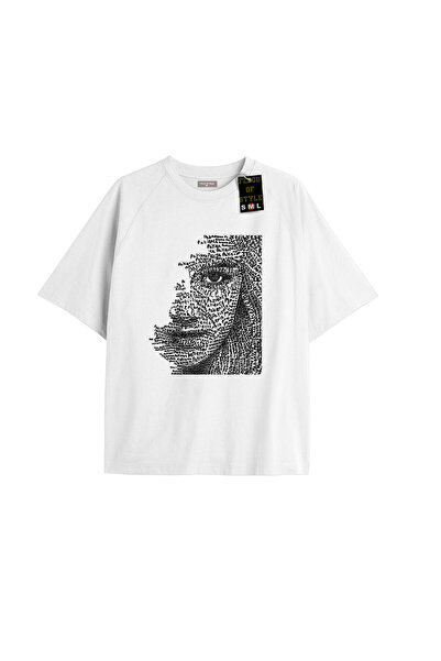 Flood Of Style Λευκό μπλουζάκι oversized με σχέδιο μισού προσώπου Προσαρμοσμέ...