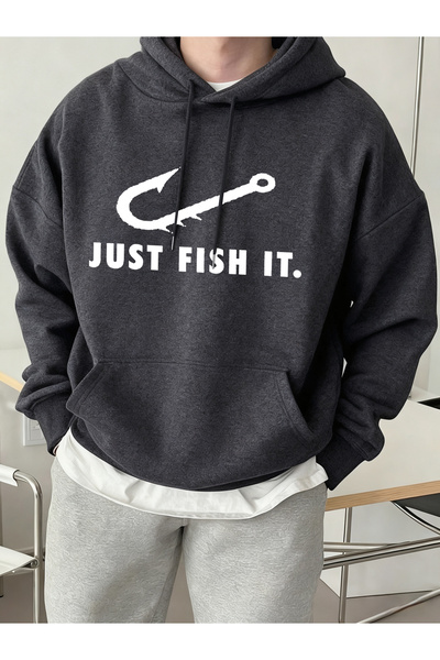 Tarzsokak سترة Just Fish It Fish Hook منقوش مطبوع للرجال بغطاء رأس سويت شيرت ...