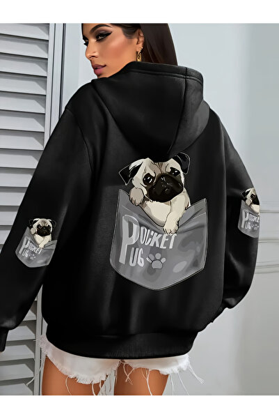 Tarzsokak قميص Cep Pug بغطاء رأس للسيدات برسومات كرتونية على شكل كلب مطبوع مق...