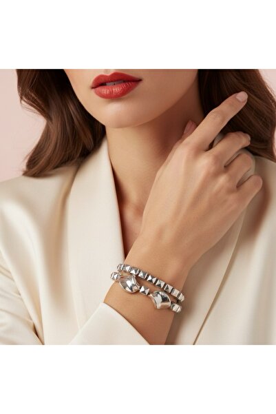 COCOSH TAKI Silver Color Double Square Beaded Combination Multiple Stretchy B...