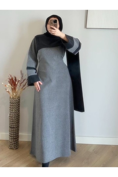 Abaya-AB Aysel Style - Şal Yakalı Yumuşak Kaşmir Dokulu Kışlık Tesettür Elbis...