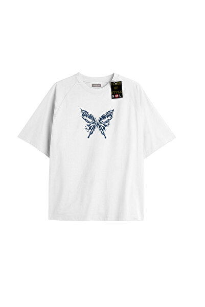 Flood Of Style Λευκό μπλουζάκι oversized με πεταλούδα κίτρινη Ειδικό σχέδιο