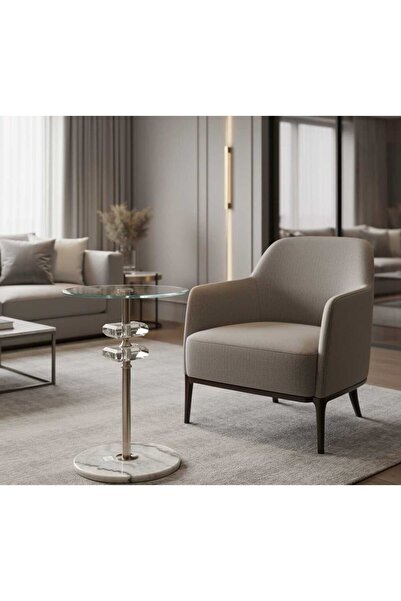 Generic Side table with glass top and artificial marble base – silver color