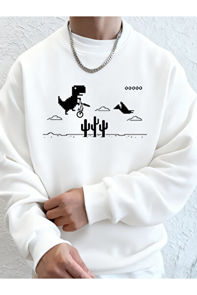 Tarzsokak Dinosaurs on the Cactus Printed Men's Hooded Above Fall Crewneck Sw...
