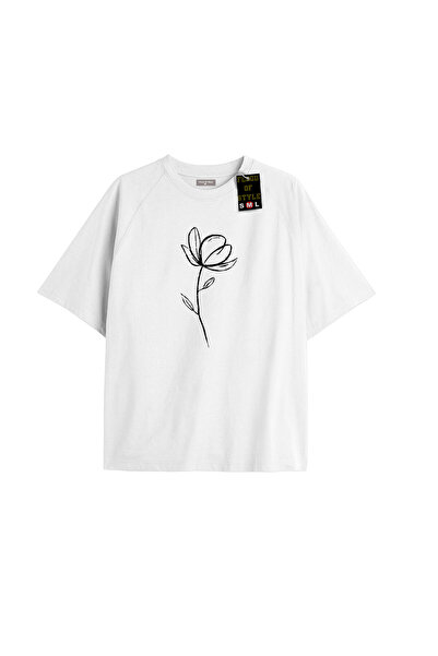 Flood Of Style Λευκό μπλουζάκι oversized με μίνιμαλ σχέδιο τριαντάφυλλο Προσα...