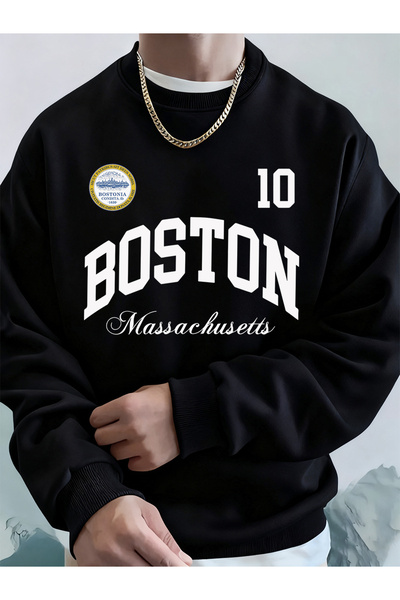 Tarzsokak تي شيرت رجالي من بوسطن ماساتشوستس مطبوع خريف فضفاض بغطاء رأس تي شير...