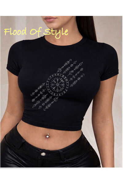 Flood Of Style Μαύρο μπλουζάκι Babby Tee με ελάχιστη προσαρμογή και ιδιαίτερο...