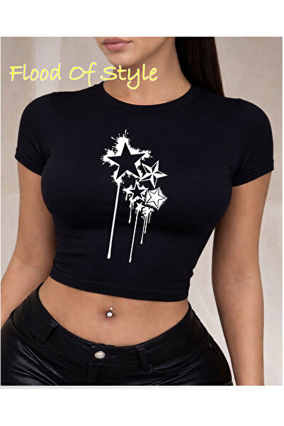 Flood Of Style Μαύρο μπλουζάκι Babby Tee με αστέρια Ειδικό σχέδιο