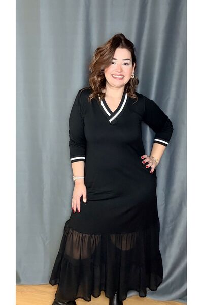 Store Büyük Beden Şifon Alt Detaylı Fırfırlı Elbise Yaka Detaylı Etek Detaylı