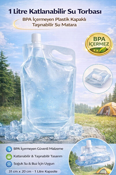 Hane Dostu 1 Litre Katlanabilir Su Torbası – BPA İçermeyen Plastik Kapaklı Ta...