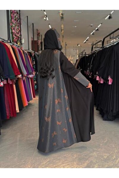 dar laha abaya D903 Abaya - Linen Fabric with Butterfly Prints - Brown