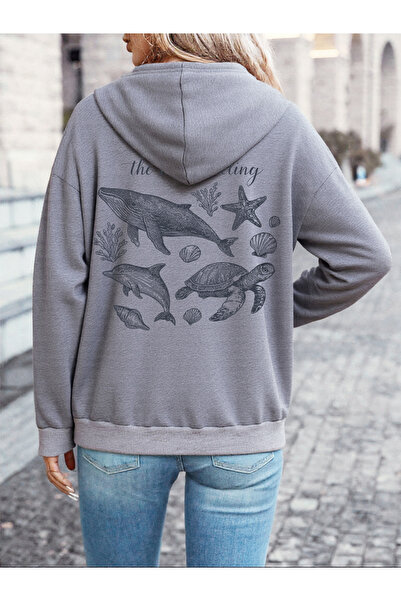 NOISSEY Sea Calls Whale cu imprimeu cu glugă Topuri pentru femei Iarna polar ...